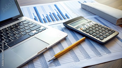 Calculator and pencil rest on a financial report, surrounded by documents and a laptop, highlighting the importance of accurate payroll and accounting practices.