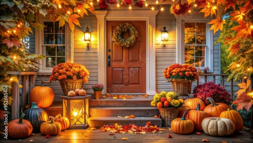 Cozy autumn porch scene with colorful leaves, pumpkins, and warm lighting, providing a blank space for seasonal messages or product showcases.