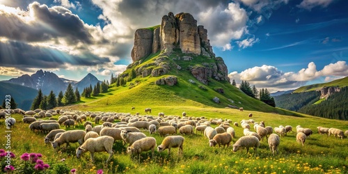 A majestic rock outcropping takes shape as a flock of sheep, elevating from a sun-kissed meadow where vibrant wildflowers sway.