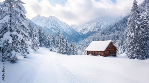 Snowstorm engulfing a mountain cabin harsh weather