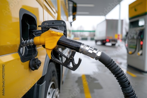 A close-up of a fuel nozzle refueling a yellow truck at a gas station, symbolizing transportation and fuel consumption.