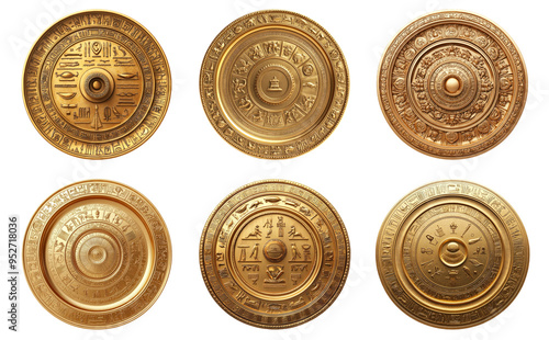 Golden circular shields with intricate patterns isolated on transparent background