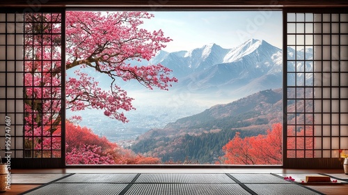 Tranquil Zen Interior Cherry Blossoms and Snowy Mountain View Through Shoji Screen Tatami