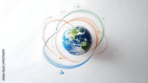 An artistic representation of earth with arrows indicating gravitational pull, set against a light solid color backdrop