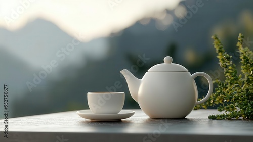 A serene mountain retreat with a teapot and cup set on a balcony