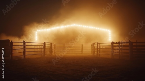 An isolated white background with bright lights illuminates a desolate rodeo arena. The arena possesses bright lights, smoke, and a desolate setting.