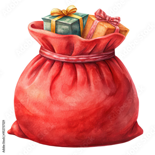 Festive watercolor illustration of Santa's red sack filled with colorful Christmas gifts. Brimming with presents, symbolizing the joy and generosity. Isolated on transparent background, png.