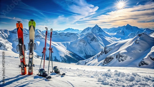 Ski equipment on snowy mountains during winter , ski, equipment, high mountains, snow, winter, skiing, cold