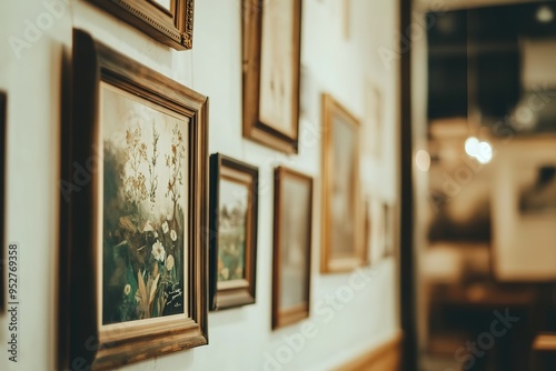 Vintage framed artworks on wall in warm interior