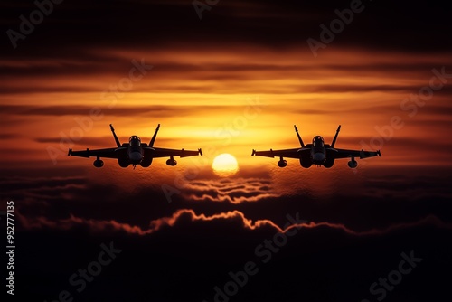 Two military fighter jets fly in formation against a stunning sunset with a dramatic orange sky and clouds.