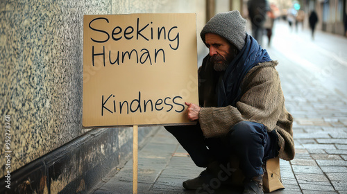 Homeless Person Seeking Human Kindness, Urban Street, Emotional Appeal for Compassion, Cardboard Sign, Winter Clothing, Social Issues Concept