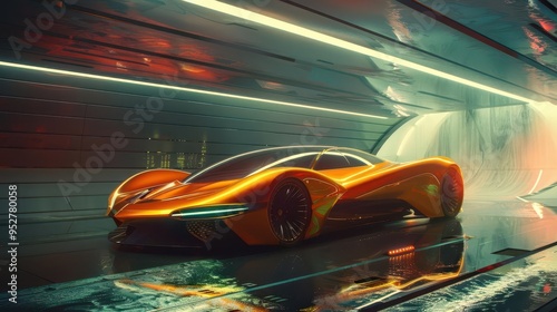 sleek hypercar concept with biomimetic design active aerodynamics and luminescent quantum dot paint glowing in a wind tunnel