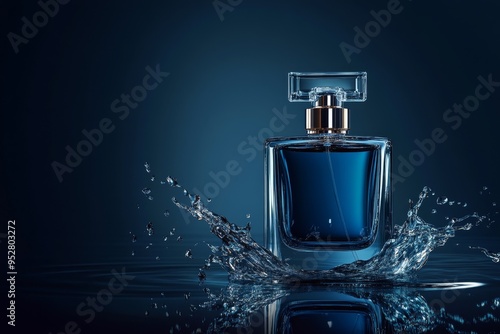 A sophisticated and stylish blue glass cologne bottle with a gold cap, set against a dark blue background. Water splashes around the bottle, creating a sense of freshness and vibrancy. This image repr