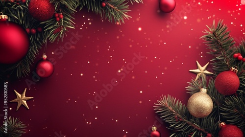 Festive christmas background featuring sparkling lights, ornaments, and fir tree branches, creating a warm and inviting holiday atmosphere. Backdrop with copy space