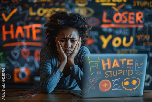 A African teenager with a sad expression sits in front of a laptop covered in hateful messages, surrounded by words of harassment, representing the emotional damage caused by cyberbullying.