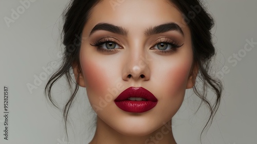 "Hermosa mujer maquillada, destacando con labios rojos vibrantes, mirada intensa y expresión elegante. Una imagen que captura la confianza y el glamour en su máxima expresión."