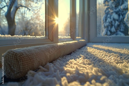 close-up photo of a fabric draft excluder placed under a window, blocking cold air from traveling into a room during winter.