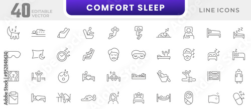 Comfort sleep line icon collection. Morning, bed, pillow, sleepy, day dreaming, night, blanket, and deep sleep icon set. UI outline icon pack