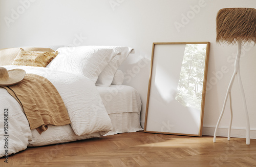 Mockup frame in bedroom interior background, Coastal boho style, 3d render