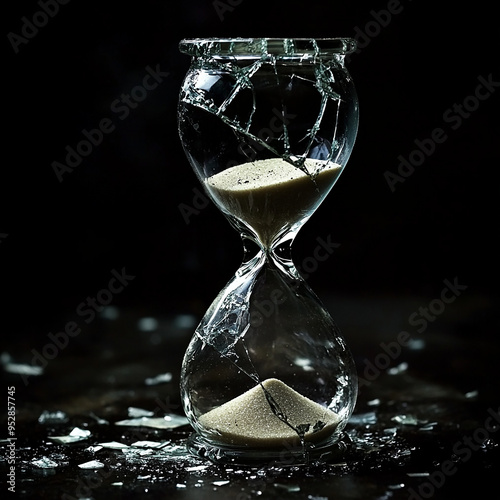 A shattered hourglass leaks sand, capturing the fleeting and fragile nature of time. The cracks and reflections emphasize urgency and inevitable change