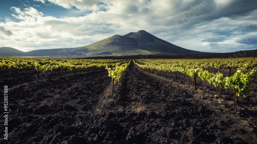 Volcanic vineyard at sunset. Grapes harvest in autumn season. Landscape in Lanzarote, Geria, Tuscany, Italy, Spain, Europe. High quality photo