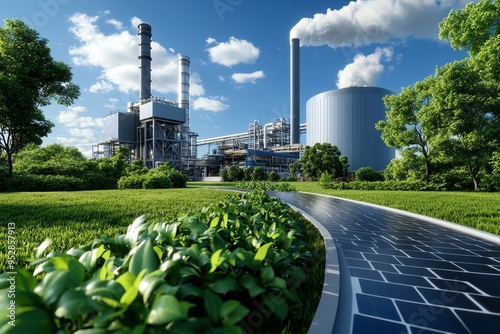 Biomass renewable energy is highlighted in a realistic photo of a biofuel processing plant, showcasing clean and sustainable power production