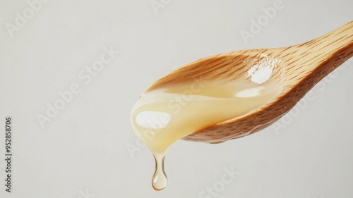 Raw organic bees Royal Jelly photo. White honey in wooden spoon isolated on white background