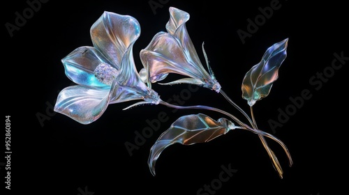 Chrome liquid metal lily flower. 3D render, modern design. Isolated holographic futuristic floral icon. Y2K, brutalism retro futurism concept.