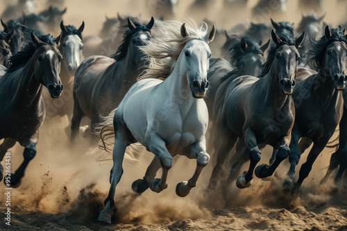 Wild Horses Stampede: A majestic white horse charges ahead, leading a group through a dusty plain.