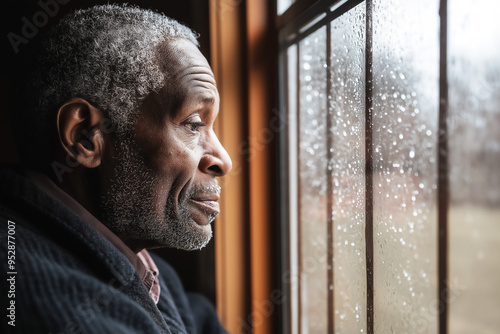 Side portrait of senior African-American man looking out of window on a rainy day, somber and sad expression