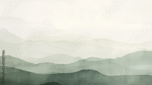 Abstract minimalist landscape painting with green watercolor mountains fading into a white background. Soothing and calming image, perfect for wall art or as a background for your designs