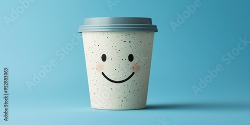 A coffee cup with a smiley face on a blue background embodies the concept of a happy morning