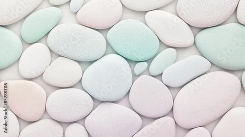 Arranged oval pebbles with chalky texture on white background in pastel colors, creating calming pattern for wellness and nature themes