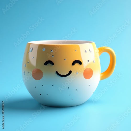 A coffee cup with a smiley face on a blue background embodies the concept of a happy morning