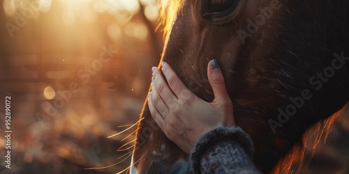 A woman s hand gently massages a horse showcasing her affection for animals