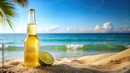 Refreshing bottle of Corona extra beer with lime slice on a beach background, corona, extra, beer, bottle, lime, slice, beach