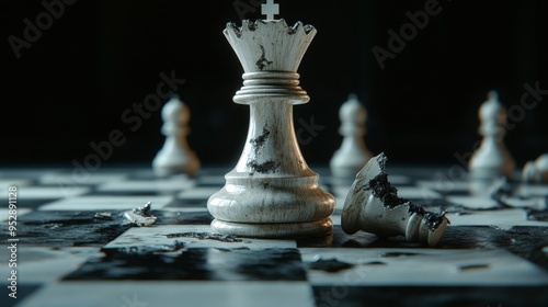 A broken chess piece on a chessboard, surrounded by shards. Concept of a decisive move, where strategy and fragility meet amidst the chaos of the game.