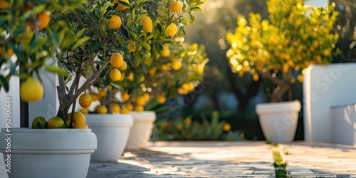 Outdoor Lemon and Olive Trees in White Pots Beautiful Mediterranean Backyard with Shallow Depth of Field