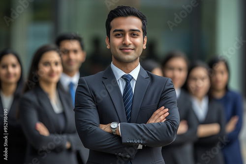 A confident Asian Indian man in a business suit standing with his arms crossed, surrounded by a group of Asian Indian professional colleagues, all dressed formally and smiling