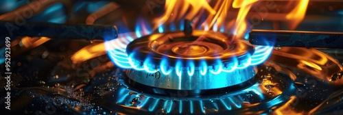 Gas Stove Burner with Blue and Isolated Yellow Flames Caused by Uneven Gas Flow