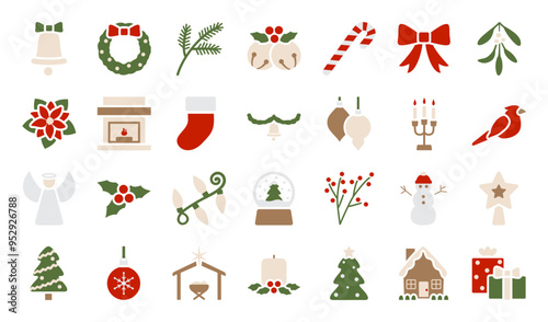 A set of Christmas decoration themed icons 