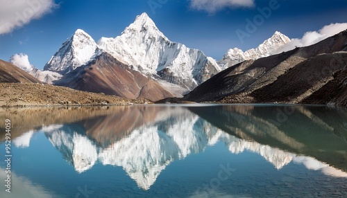 mountains in the mirror nepal himalayas everest region reflection of the pharilapche peak 6 073 m in the gokyo lake 4 750 m