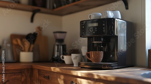 Depict a home kitchen with a coffee maker brewing a fresh pot of coffee.