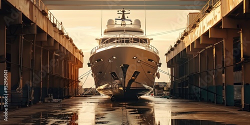 Luxury yacht being serviced in dry dock