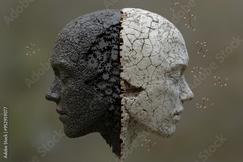 Abstract Profile with Half Earthy and Half Cracked Skin Representing Cognitive Dissonance Emotional Conflict and the Duality of Human Nature