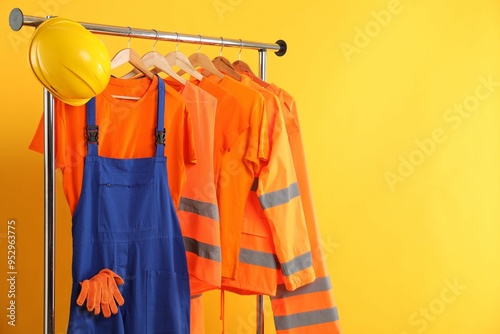 Workers' uniforms on clothing rack against yellow background. Space for text