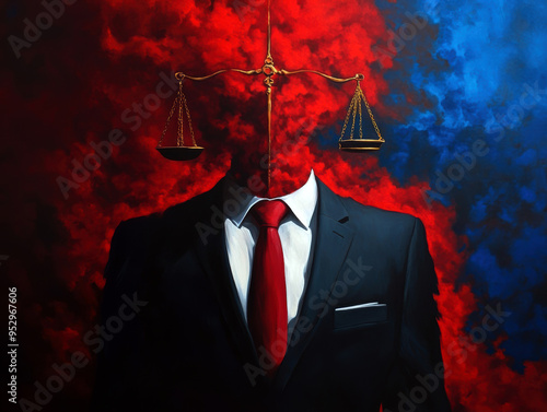 An evocative portrayal of justice, featuring a faceless figure in a suit, with scales of justice above, symbolizing the complexities of fairness and moral dilemmas in society.