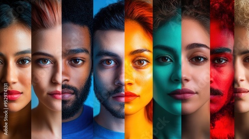 Faces of diverse individuals are separated by a line, showcasing vivid colors that emphasize cultural differences and social barriers. Generative AI