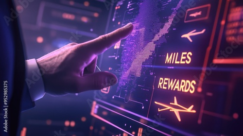 A hand interacts with a digital display showing miles and rewards, suggesting a travel context.