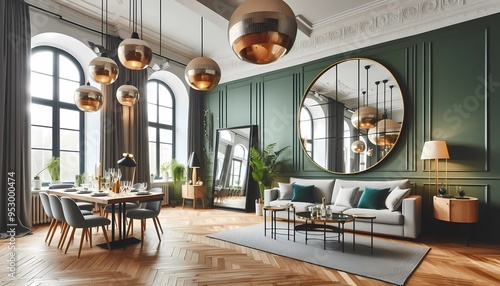 party room near a large mirror on a green wall, a large lamp hangs from the ceiling. Scandinavian modern living room interior desig